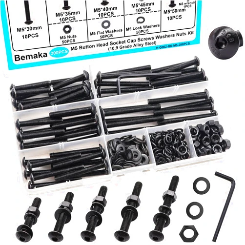 Bemaka 200PCS Black M5 Button Head Hex Socket Cap Screws, M5 x 30/35/40/45/50mm Metric Screws Bolts Nuts Washers Assortment Kit, 10.9 Grade Alloy Steel