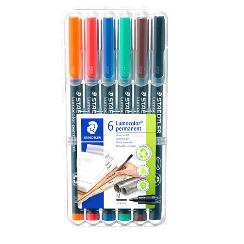 Staedtler Lumocolor Universal Pen, Medium, Felt Tip, Permanent Marker, Box of 6 Assorted Color Pens, 1.0mm 317 WP6