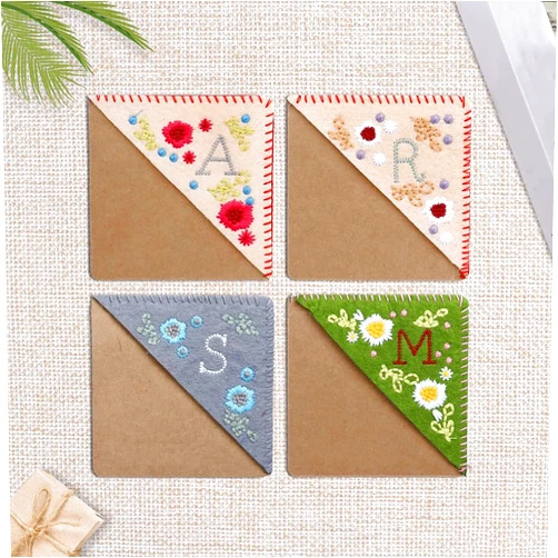 Generic Hand Embroidered Corner Bookmark 4pcs Different Color Letters Personalized Hand Stitched Flower Felt Corner Bookmark (Any Two Pieces)