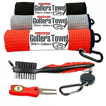 Fireball Golf Towel Gifts and Accessories Set (many colors) - 3 golf towels, golf divot tool, ball marker, and golf cleaning brush, golf gifts for men, women, children Red