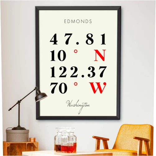Generic Map of Edmonds, Washington, Multiline Coordinates Colored (12x16)