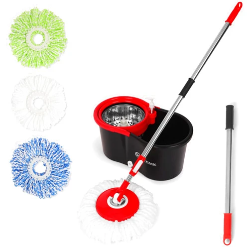 Simpli-Magic Spin Mop and Bucket with Wringer Set, 360° Spinning Mop Bucket System with 3 Microfiber Mop Replacement Heads and Stainless Steel Adjustable Handle for Floor Cleaning