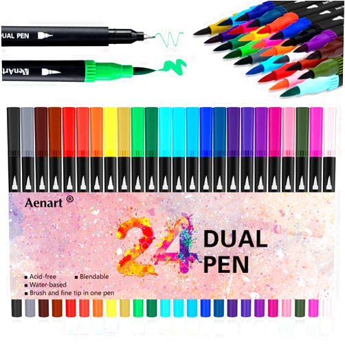 Aen Art Dual Brush Markers for Adult Coloring Books, 24 Colored Fine Point Marker Pen for Back to School Supplies Bullet Journaling Note Taking Drawing