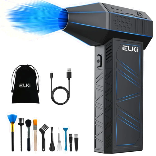 EUKI Compressed Air Duster-150000RPM Electric Air Duster, Cordless Rechargeable High-Speed Air Blower, 3-Gear Adjustable Jet Dry Blower for Keyboard, PC, Car, Air Bed and Home Cleaning, Black