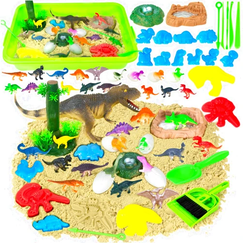 YongnKids Dinosaur Sensory Bin Sandbox Toys,Sensory Sand Art Kit with 14 Dinosaur Toys & 2.2lb Magic Sand & Dinosaur Sand Molds -Fun Sand Toys Birthday for Girls Boys Toddler 3 4 5 6 7 Years Old