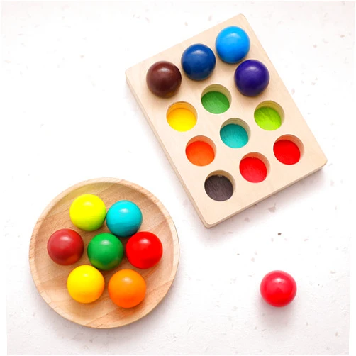 ibwaae Wooden Color Sorting Balls Game Peg Board Rainbow Color Matching Toys 12 Pcs Activities Balls Montessori Toys for Toddlers