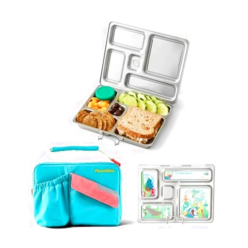 PlanetBox Rover Stainless Steel Bento Box Style Lunch Box Kit for Kids with 5 Compartments, Includes Insulated Lunch Bag, Leakproof Food Containers and Matching Mermaid Lagoon Magnets