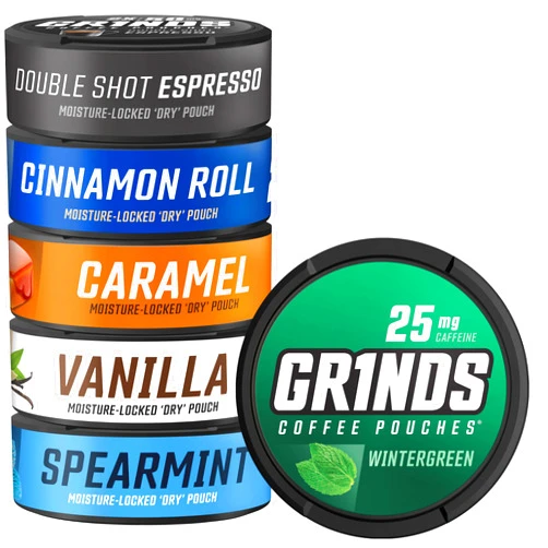 Grinds Coffee Pouches | 6 Can Sampler | Caramel, Espresso, Cinnamon Roll, Vanilla, Wintergreen, Spearmint | 1 Pouch eq. 1/4 Cup of Coffee