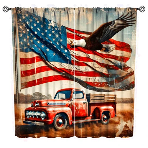 Mchenxin Vintage USA Flag Curtains, Rustic Farmhouse Country Red Truck American Patriotic Flag Stripes Stars Eagle Window Drapes for Kitchen Bedroom Living Room, 42x45in (No Blackout)