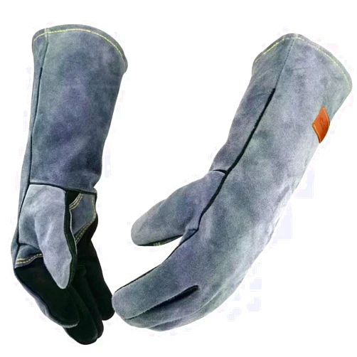 WZQH 14 Inches,932℉,Leather Forge Welding Gloves medium, Heat/Fire Resistant,Mitts for BBQ,Oven,Grill,Fireplace,Tig,Mig,Baking,Furnace,Stove,Pot Holder,Animal Handling Glove.Black-gray