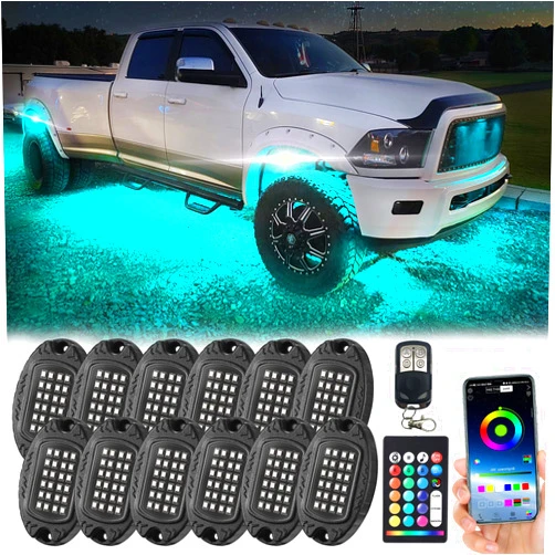 LD DARKEAGLE 12 Pods Segmented Metal RGB LED Rock Lights Kit with APP/RF Remote Control, Upgraded Underglow Lights Waterproof Bright Multi Color 12v Alloy Underbody Lights for Trucks Pickup Jeep ATV UTV Golf Cart