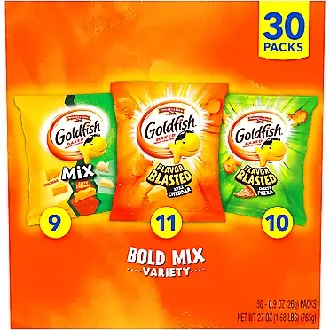 Pepperidge Farm Goldfish Crackers Bold Mix with Cheesy Goldfish Mix, Flavor Blasted Xtra Cheddar and Flavor Blasted Cheesy Pizza, 30 Snack Packs Bold Mix Variety
