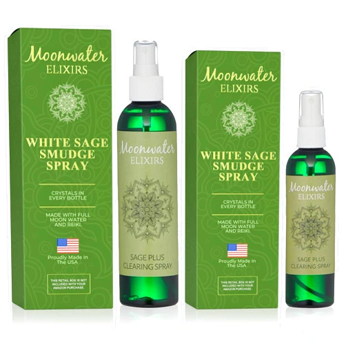 Moonwater Elixirs White Sage Smudge Spray for Spiritual Cleansing & Aura Protection, Sage Spray for Cleansing Negative Energy & Protection, Home & Meditation, Clear Quartz Reiki Treated Aromatherapy Room Spray 4 + 8