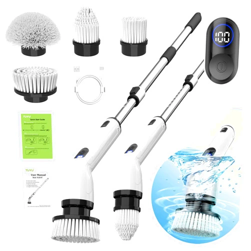 TUYU Electric Spin Scrubber, Full-Body IPX7 Waterproof Bathroom Scrubber with Power LCD Display, Adjustable Extension Handle, Cordless Shower Cleaner Brush for Bathtub Kitchen Wall Cleaning