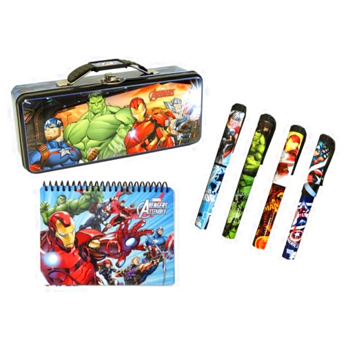 Magical Memories Collection Marvel Avengers Metal Tin Pencil Case, Notebook and 4 Superhero Pens Set- Marvel Avengers Spiral Notebook, Hard Back, Iron Man, Captain America, Thor, Hulk and Black Widow School Supplies Accessories