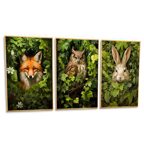 RYZQUBF 3pcs Magical Forest Animal Canvas Wall Art Retro Wild Cottagecore Animals Posters Prints green Adventure Theme Pictures Paintings Fox Owl Rabbit Wall Decor for Bedroom Home Decoration Unframed