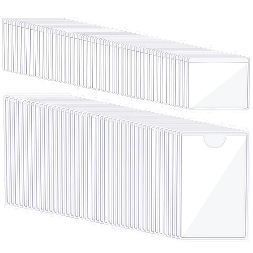 Chinco 100 Self-adhesive Index Card Holder for Business Cards, Clear Plastic Sticky Labels Holders for Storage Bins Toy Bins Scrapbooks, Organize and Protect Cards Photos Labels (2.32 x 3.54'', 1.85 x1.57'')
