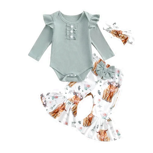 MERSARIPHY Newborn Baby Girl Clothes Ribbed Knit Ruffle Romper Bodysuit Bell-Bottom Pant Set 3Pcs Infant Fall Winter Outfits
