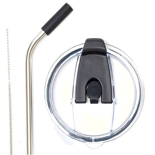 Thermalyfe Spill Proof Tumbler Lid with Angled Stainless Steel Straw + Silicone Straw Tip + Straw Cleaning Brush for Yeti Rambler or Ozark Trail Tumblers (30oz, Black)