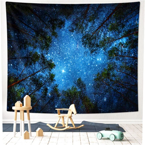 HOMKUMY Starry Wall Tapestry, 3D Printing Forest Starry Night Tapestry Star Tree Tapestry Psychedelic Indian Wall Hanging Tapestry for Home Decor Bedroom Living Room, Extra Large 91x71 Inches