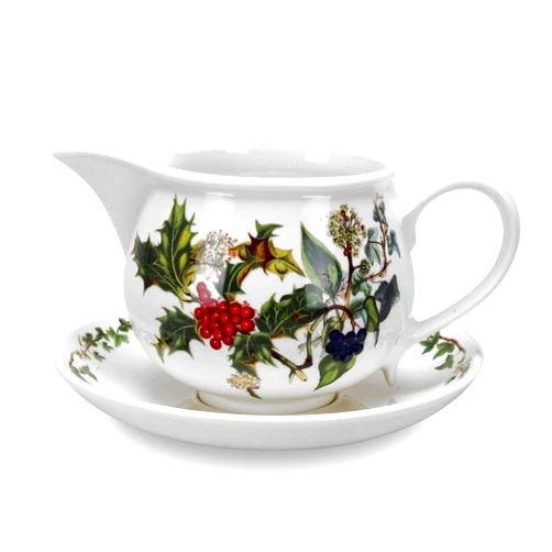 Portmeirion The Holly and The Ivy Gravy Boat & Stand - 33 Oz. Capacity | Elegant Earthenware Holiday Pitcher with Holly Décor | Easy Pouring Beaker, Chip-Resistant Finish | Microwave & Dishwasher Safe