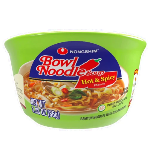 Nongshim Hot & Spicy Instant Ramen Bowl Soup Mix, 12 Pack, Includes Fish Cakes, Crisp Carrot, Green Onion, Microwaveable Ramyun