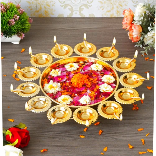 Webelkart Diya Shape Decorative Urli Bowl for Home Metal Handcrafted for Floating Flowers and Tea Light Candles Home ,Office and Table Decor| Diwali Decoration Items ( 14 Inches), Gold