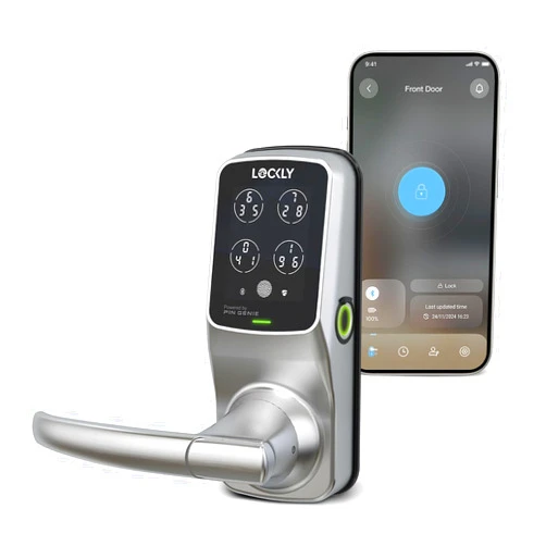 Lockly Secure Plus Smart Lock Bluetooth, 3D Biometric Fingerprint Sensor Front Door Lock with Handle, Digital Keypad Keyless Entry Door Lock, Voice Control & Auto Lock - Latch Edition