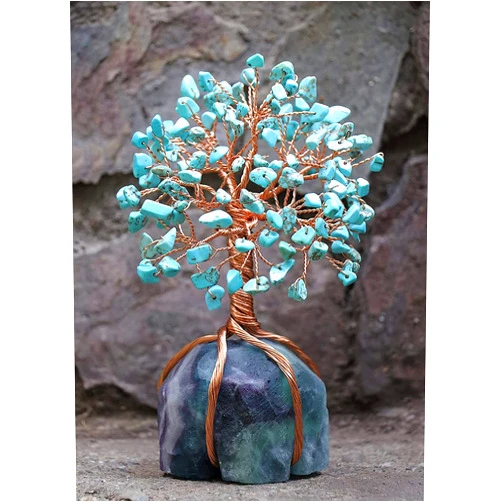 Crocon Howlite Green Turquoise Gemstone Money Tree with Fluorite Rough Wire Wrapped Base | Feng Shui Bonsai | Ornament Figurine | Chakra Balancing | Reiki Crystal Healing | Spiritual | Decor Size 5-6