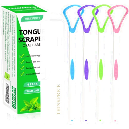 THINKPRICE Tongue Scraper Cleaner 100% BPA Free Tongue Scrapers with Travel Handy Case for Adults, Kids, Healthy Oral Care, Easy to Use, Help Fight Bad Breath (4 PACK)