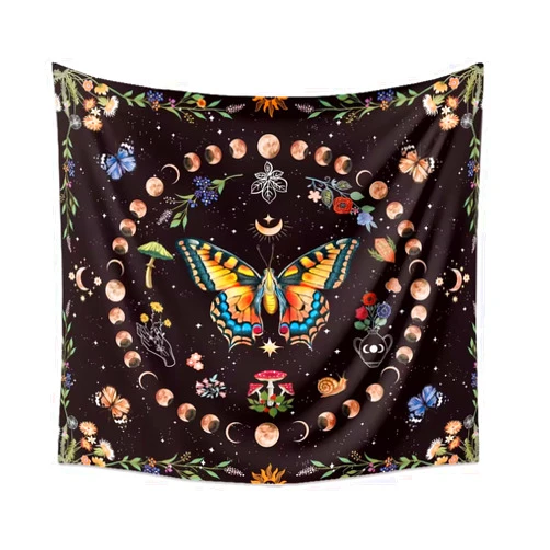 LANG XUAN Butterfly Moon Phase Flower Tapestry Botanical Floral Plant Boho Mushroom Tapestry for Bedroom Sun Aesthetic Vintage Tapestries Wall Hanging for Living Room Dorm (Black, 35.44