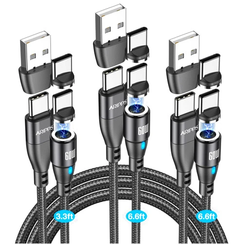 Aripps 9PIN 60W USB C to USB C Magnetic Charging Cable (3-Pack, 3.3ft/6.6ft/6.6ft) and 9Pin Magnetic USB-C Tips (3 Pack) Bundle