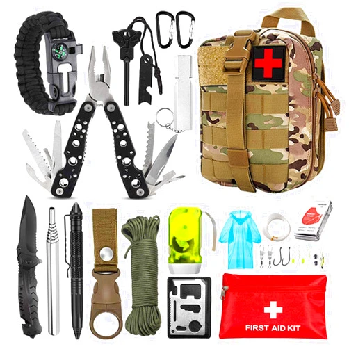 QILIN Nuclear Survival Kit, Professional Survival Gear Equipment Tools First Aid Supplies for SOS Emergency Hiking Hunting Disaster Camping Adventures, Four Colors brown
