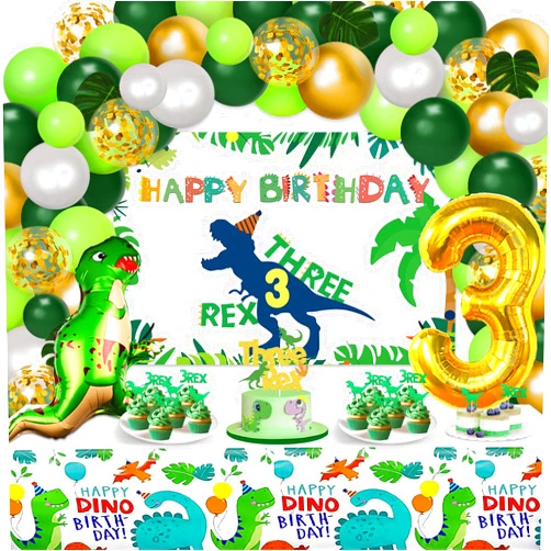 Miucat Three Rex Birthday Party Decorations Boy, 3rd Dinosaur Birthday Decorations with 3 Rex Birthday Backdrop Dinosaur Balloon Kit Tablecloth and Cake Toppers for Dino Birthday Decorations for Boys