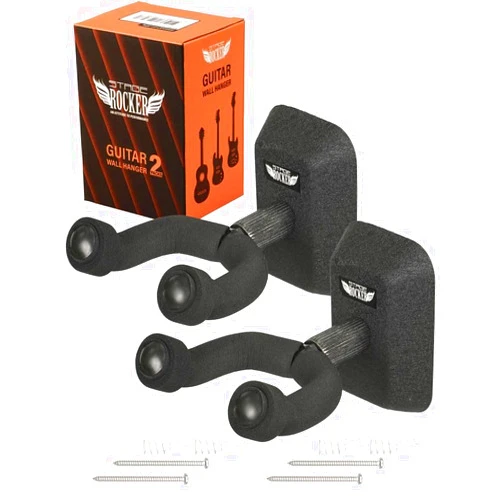 Stage Rocker Guitar Wall Hanger, Guitar Wall Mount, Guitar Hanger Wall Hook Holder Stand with Black Mounting Plate for Acoustic, Electric Guitar, Bass, Banjo, Mandolin (2 pcs Classic Matte Black)