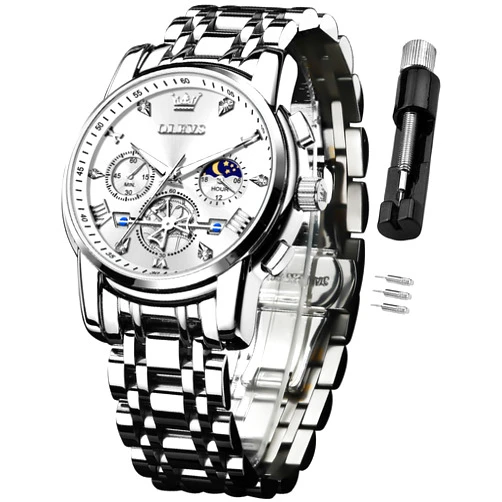 OLEVS Watch for Men Stainless Steel Chronograph Big Face Easy to Read Analog Quartz Watches Luxury Waterproof Date Diamond Roman Arabic Numerals Dial Dress Wrist Watches
