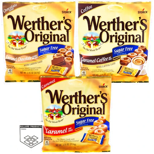 Ballard Products Werthers Sugar Free Hard Candy Variety Pack of 3 Flavors | Grocery Store Size Bags | 1 Bag of Each Flavor | Bundle with Ballard Products Resealable Pocket Bag