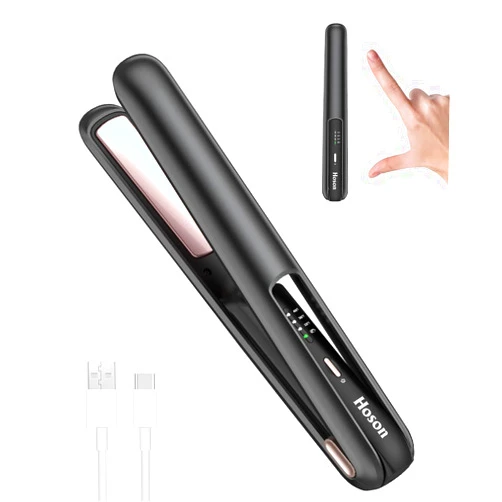 Hoson Cordless Hair Straightener,Portable Mini Flat Iron Travel for Bangs,Short Hair,USB-C Rechargeable Wireless Curling Iron and Curler 2 in 1(Black),for Touch Ups