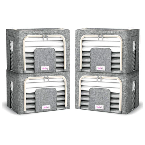 Blushbees® Oxford Fabric Collapsible Storage Boxes for Clothes/Quilts/Linen with Metal Supports (PACK OF 4 BOXES - SMALL SIZE 20×16×08 INCH)