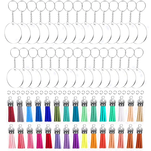 Kingforest 120PCS Acrylic Keychain Blanks, Including 30 PCS Keychain Rings(1 inch),30 PCS Jump Rings, 30 PCS Acrylic Circle Disc(2 inches) and 30 PCS Craft Tassels for DIY Keychain Vinyl Craft.