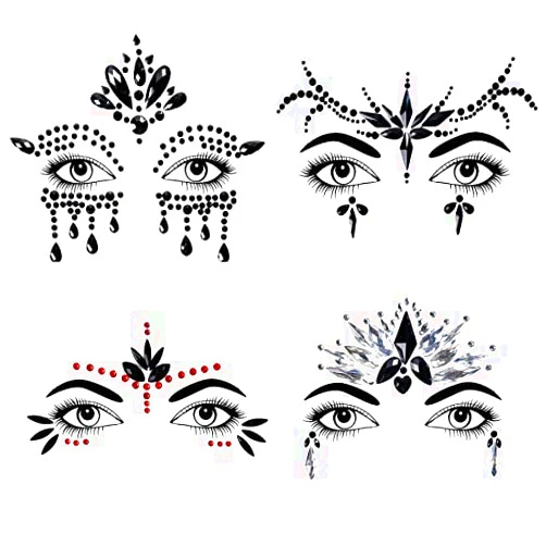 Bowitzki Halloween Face Jewels Festival Design Women Mermaid Face Gems Rhinestone Crystals Stickers Eyes Body Temporary Tattoos (Black-B)