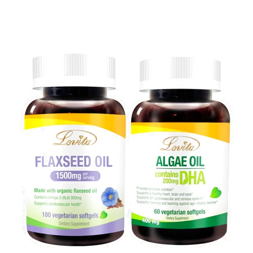 Lovita Flaxseed Oil & Algae DHA Oil Nutrients Bundle. Dietary Supplement Supports Better Nutrition & Overall Well-Being