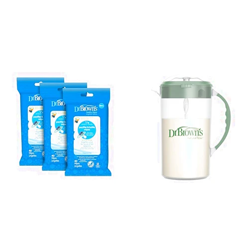 Dr. Brown's Bottle and Pacifier Wipes, 40 Count, 3 Pack and Formula Mixing Pitcher, 32oz, BPA Free