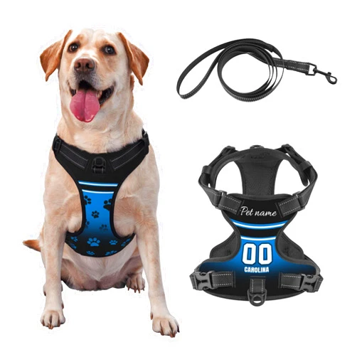 Cokpet Custom Carolina Dog Harness with Reflective Stripes Personalized Name and Number Dog Vest Harness with Pet Traction Rope for Small Medium Large Dog