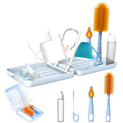 Juhg Travel Bottle Brush Travel Bottle Cleaner Kit with Portable Bottle Drying Rack Baby Bottle Brush Straw Cleaning Brush Nipple Brush Soap Dispenser & Organiser Case Baby Travel Essential (Blue)