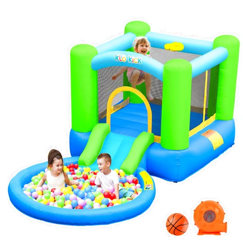 Klo Kick Indoor Bounce House for Kids 3-6 with Ball Pit Pool with Blower, Inflatable Jumping House with Water Slide for Outdoor Playground Party, Built-in Basketball Hoop, 250 LBS Capacity (Green)