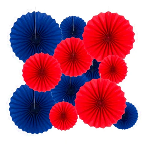 JEYE Red and Royal Blue Paper Fans Party Decoration Hanging Party Craft Paper Fans Background Ceiling Hanging Decor for 4th July Independence Day Graduation Veterans Party, Mix Set of 12pcs