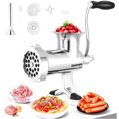 Huanyu Meat Grinder Manual Stainless Steel Meat Mincer Sausage Stuffer Filler Handheld Meat Grinding Machine Multifunctional Attachments Household for Chicken,Beef,Small Bone,Chili NO10