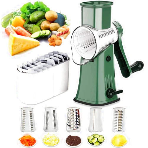 BNUNWISH Manual Rotary Cheese Grater Grinder- 5 Interchangeable Blades Round Mandoline Vegetable Slicer Drum Shredder Nut Chopper with Strong Suction Base