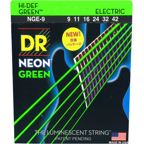 DR Strings DR Handmade Strings NGE-9 Hi-Def Neon Green Electric Guitar Strings, Light (9-42)